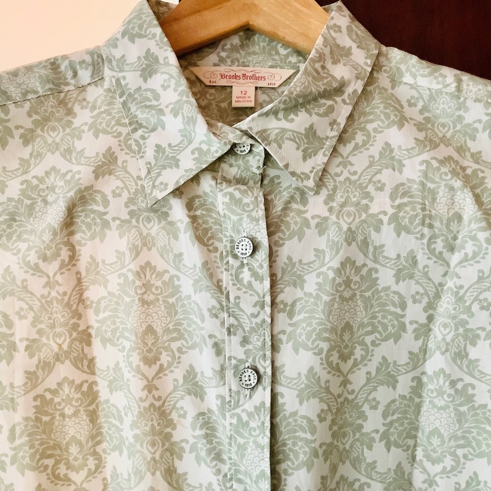 Brooks Brothers blouse green cream pattern size 12 100% cotton work office